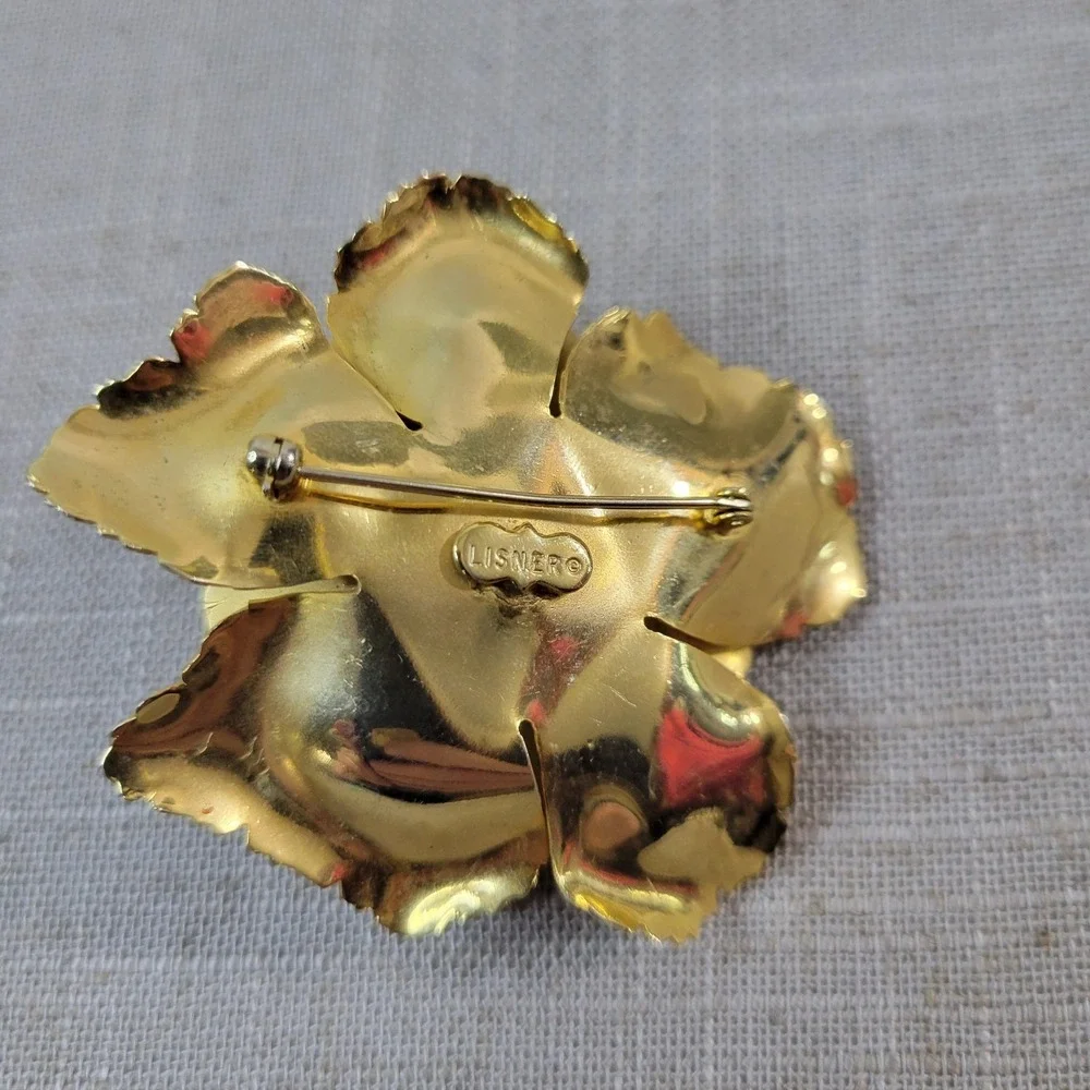 Vintage Lisner Gold Tone Rose Flower Brooch Pin 2.25 Inch Cottagecore
